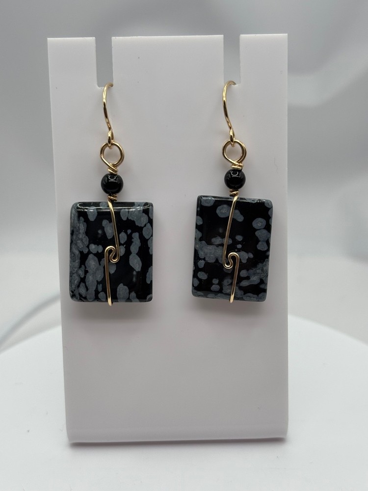 Handmade Snowflake Obsidian and 14k Goldfill Earrings