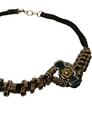 Handcrafted Metallic Wire Coil Necklace Flower Accents Black Braid Cord Vintage