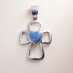 Vintage Sterling Silver 925 handmade cross pendant with heart denim Lapis