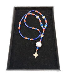 Vintage Ethiopian Coptic Cross Lapis Lazuli Venetian Bead Necklace 30″