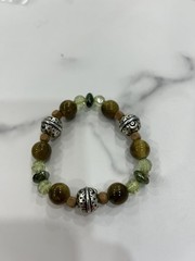 Handmade Beaded Bracelet Brown Green Silver Tone Stretch Glass Wood Spacer Boho