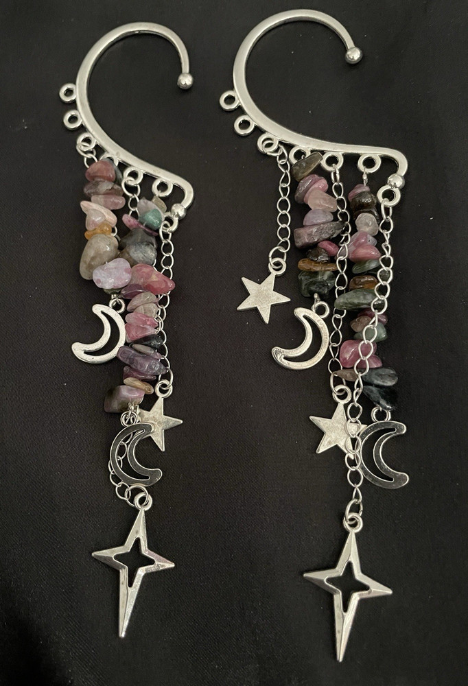 Handcrafted Silver Star Moon Dangle Ear cuff with Multicolor Tourmaline