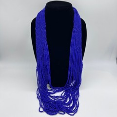 Vintage Blue Seed Bead Bib Necklace Long Big Fringe Statement Western Waterfall
