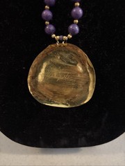 Vintage Artisan 8mm Beaded Charoite Necklace w/ Brass Glass Pendant Handmade 30”