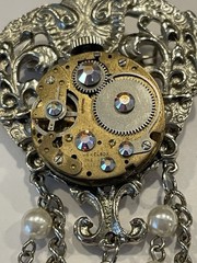 Steampunk OOAK Brooch Pin Clock Parts Rhinestone Dangle 4” long Goth