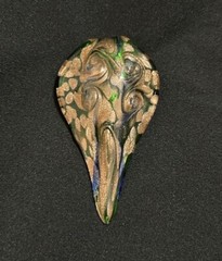 Blown Art Glass Pendant Green Bronze Teardrop Abstract Swirls Shinny Sparkly