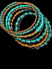 Blue Brown Gold Glass Beaded Wrap Bracelet Stackable Bohemian Memory Wire