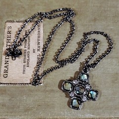 Abalone Paua Shell Maltese Cross Gunmetal Gray Black Metal Pendant Necklace