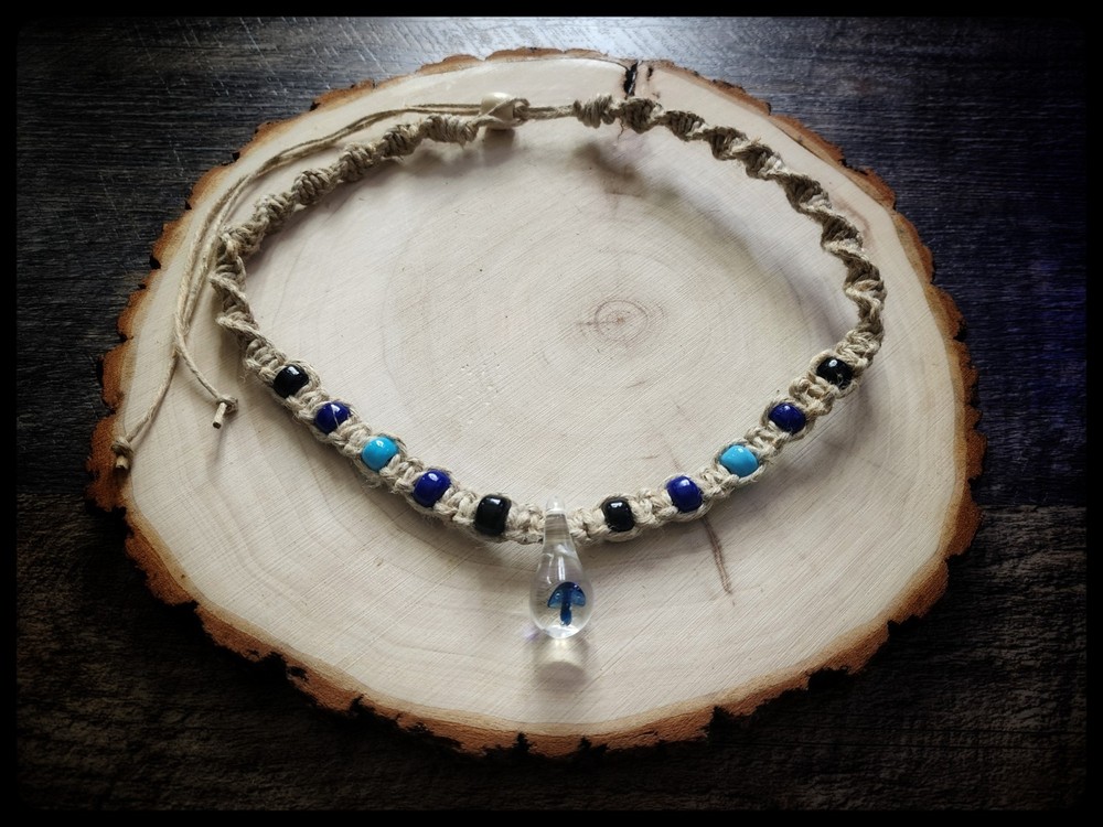 Hemp Necklace with Dark Blue Glass Mushroom & Glass Beads- Adjustable 19-23 inch
