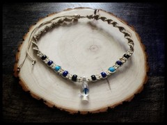 Hemp Necklace with Dark Blue Glass Mushroom & Glass Beads- Adjustable 19-23 inch
