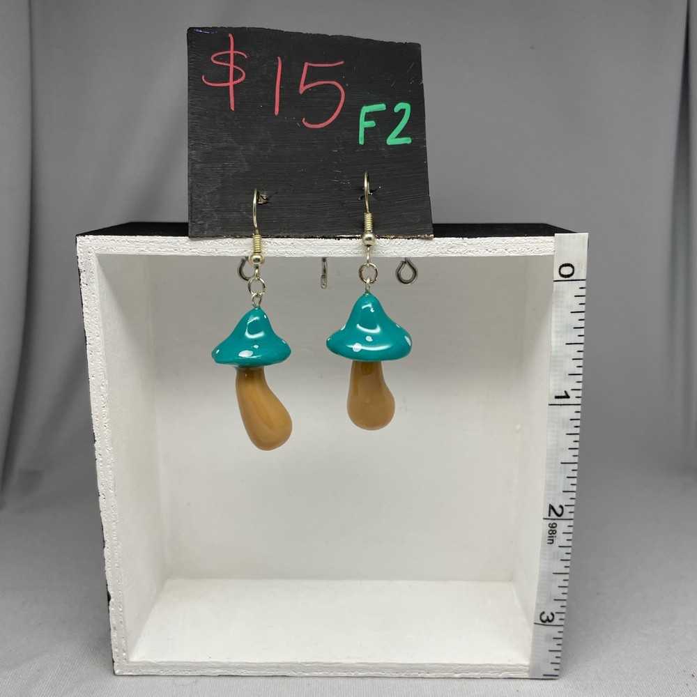 Handmade by STAYOKBRAND teal and beige Mushroom Earrings