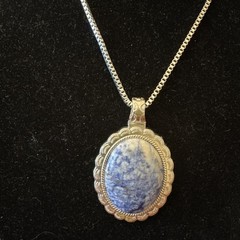 Silver Tone Blue White Sodalite Gemstone Oval Pendant Statement Necklace 905