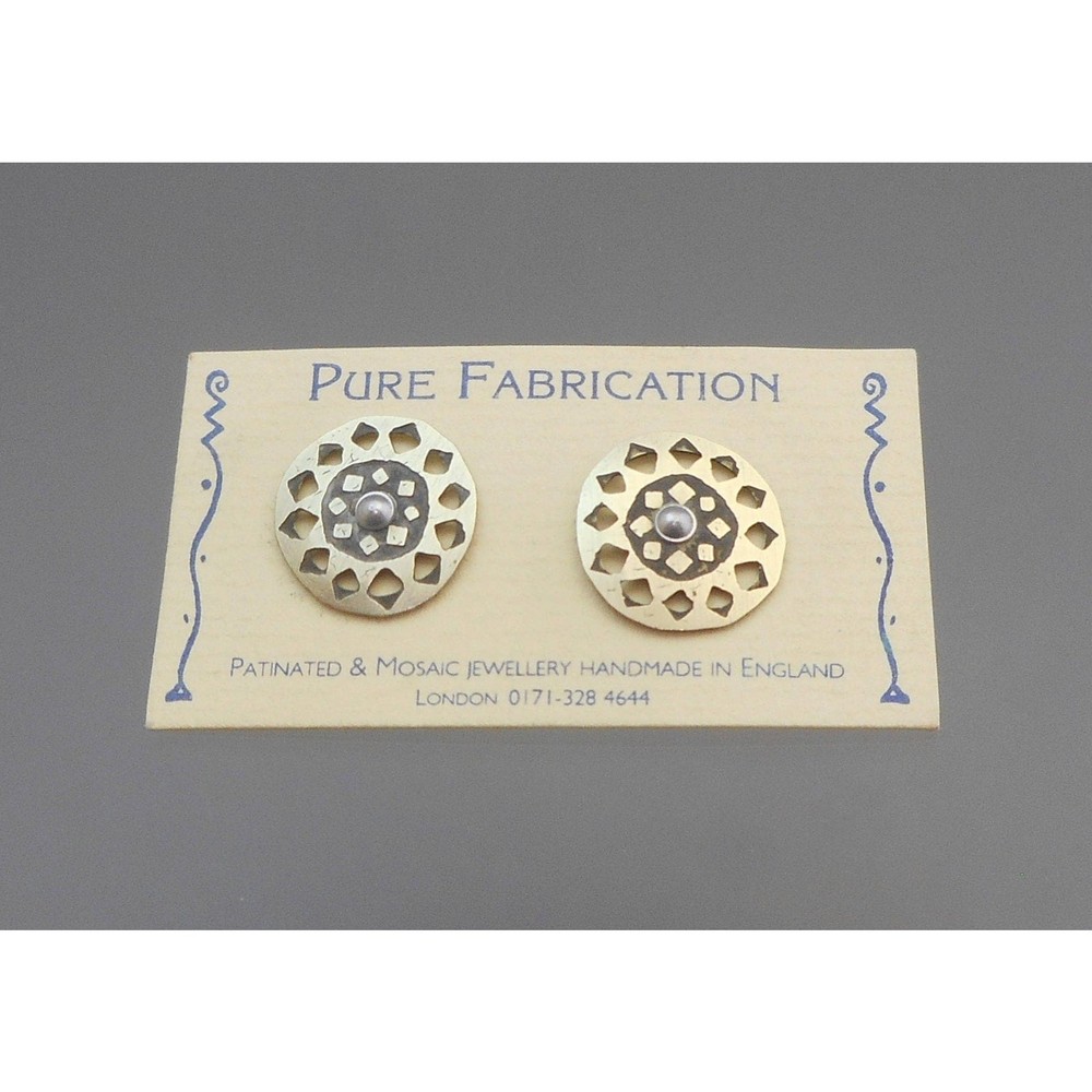 Vintage Pure Fabrication Silver Sun Design Post Earrings Handmade England