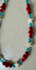 Handmade red stone, white stone star, blue glass beads necklace