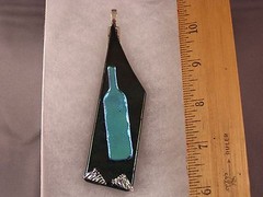 Blue Wine Bottle on Green Fused Glass Pendant WP04