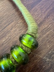 Handcrafted Green Glass Bead Necklace With Wrapped Cord Design Bohemian Style