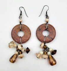 Boho Jasper Stone Disc & Glass Bead Dangle Drop Earrings Pierced Artisan 3.5″