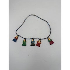 Vintage Hand Painted Worry Doll Seed Bead Charm Necklace Folk Art Multicolored