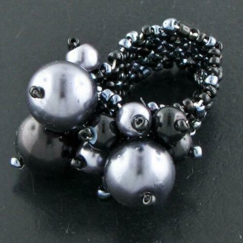 Handmade Ring GLASS BEADS BLACK WHITE SILVER HEMATITE 1 inch 6-11 Adjustable