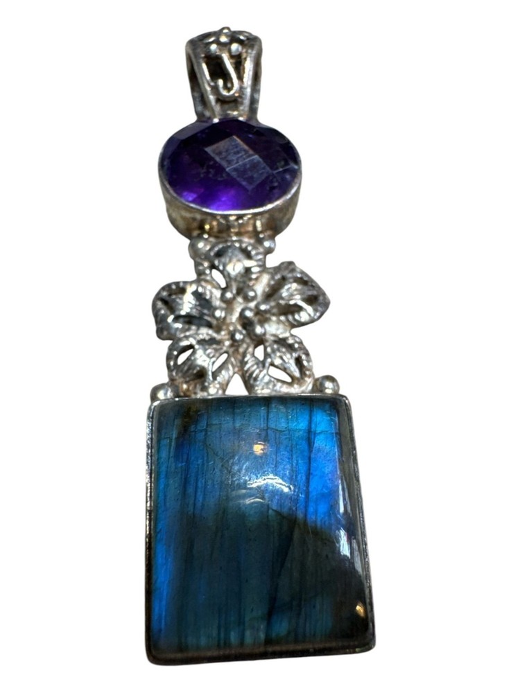 Labradorite & Amethyst Pendant In Sterling Silver With Floral Detail Handcrafted