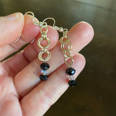 Black Beads & Clear Swarovski Crystals w/Silver Tone Rings Earrings, 2.25 in.