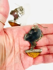 Artisan Sculptural Face Earrings Mixed Metal Silver & Copper with Amber Drop