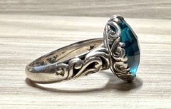 Handmade Artisan Sterling Silver Blue Quartz Scrolled Cocktail Ring, Size 8