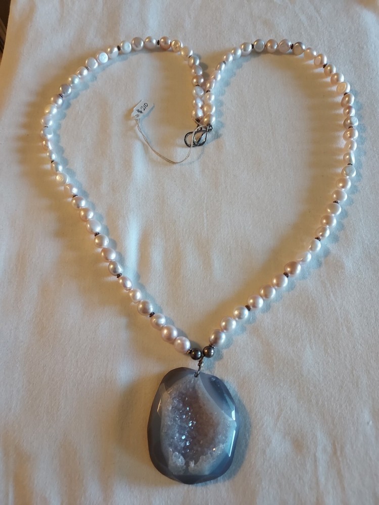 34 inch total length Fresh water pearl necklace with large geode pendant