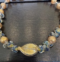 Italian Murano-Style Art Glass Necklace – Gold Leaf Beads & Leaf Pendant