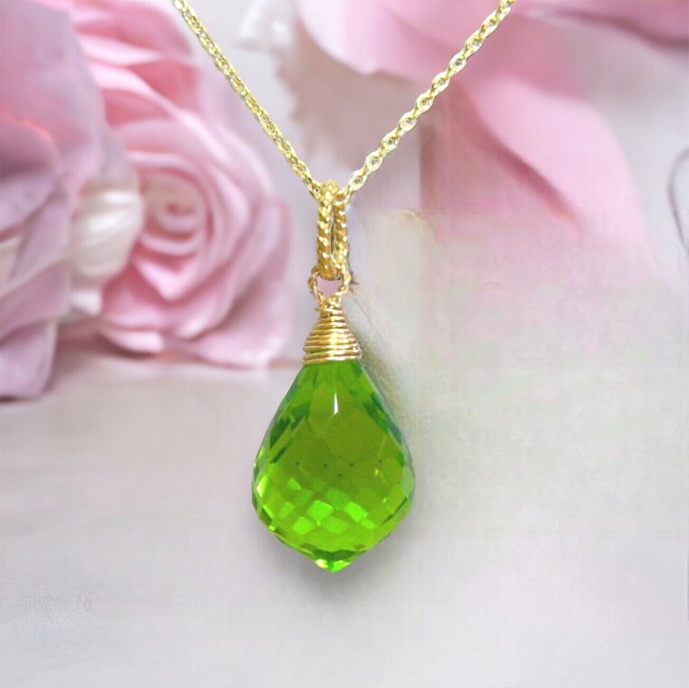 Wire Wrapped Lab Made Peridot Pendant in 14K Gold Filled , August Birthstone