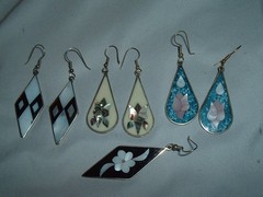 3 Pairs of MOP Turquoise Alpaca Silver Mexico DANGLER Earrings + Bonus 1 Single