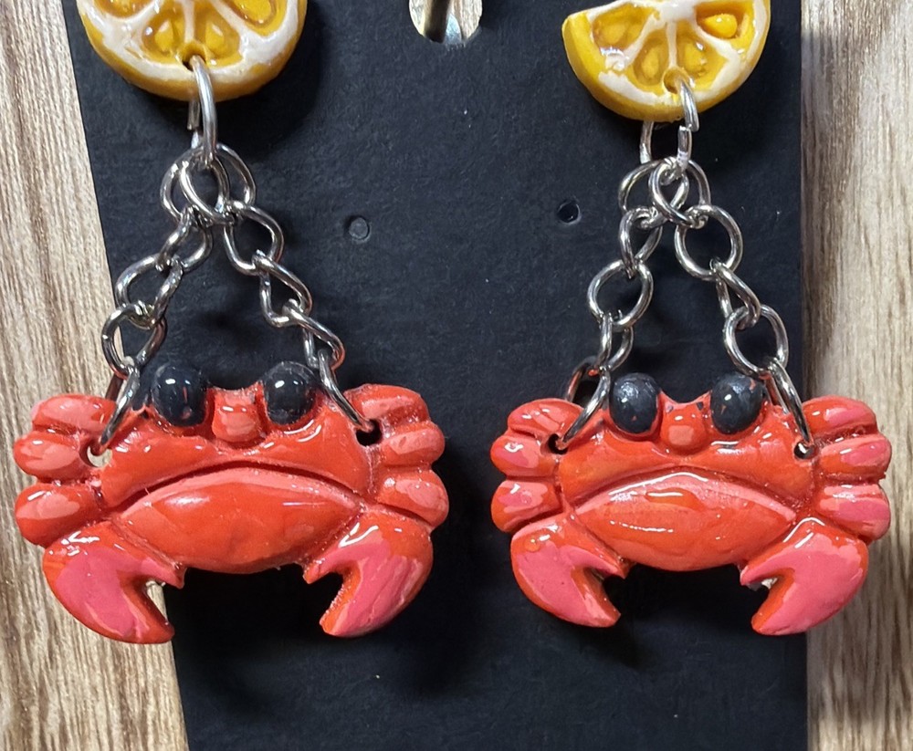 Hand Made Pilymer Clay Crab Earrings With Lemon Slice