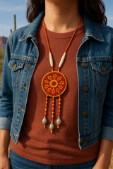 Handmade Beaded Medallion Necklace Red Yellow Bone Beads Cowrie Shells