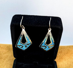 925 Silver Crushed Turquoise Inlay Drop Earrings 39 X 26mm Taxco TM-278