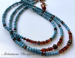 Grand Thebes – 3-str Carnelian, Turquoise & Bali-style Copper Choker Necklace