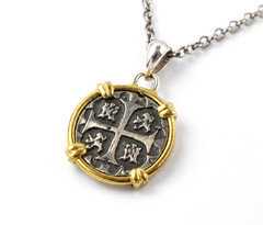 Spanish Atocha Coin Pendant 925 Sterling Silver 18K Gold Plated Frame 30mm