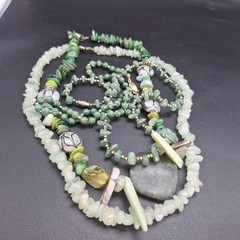 Lot 4 Green Stone & Shell Necklaces Malakite, Jadeite, Aventurine, Abalone 16-18