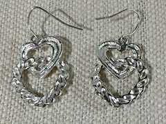 Lovely Artisan Silver Tone Double Heart Design Dangle Hook 1″ Earrings!