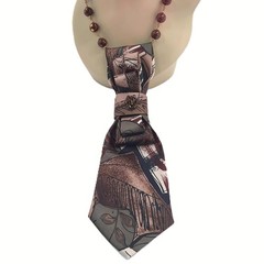 Handmade Vintage Silk Tie Pendant Lucite Beaded Boho Chic Necklace Jewel Accent