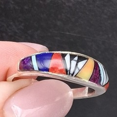 Zuni Style Inlay Band Ring Sterling Silver Size 8.5 Multi Stone Southwestern