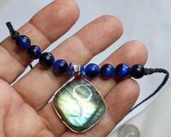 Labradorite with 8 mm Blue Tiger eye beads, adjustable, hand braided Necklace.