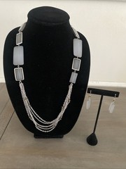 Necklace Earring Set Silver Tone Gray Beaded Multi Strand Neutral Bohemian Chic