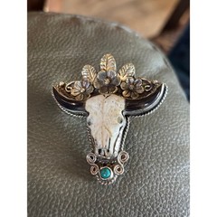 White Buffalo w Turquoise accent in German Silver Steer Head