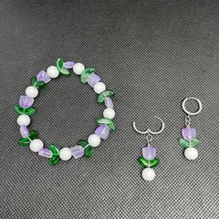 Purple Tulip With Bright Green Leaf Beaded Bracelet & Huggie Hoop Earring Set