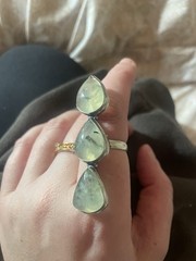 Natural Prehnite Gemstone Ring Long 2.5”925 Sterling Good Luck Statement Ring s8