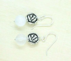 Selenite Earrings White 8mm Ball Gemstone .925 Sterling Silver 1 1/4″ Rose bud