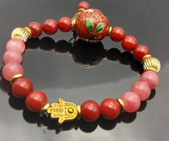 Red Cloisonne Focal Cinnabar Rhodosochrite Hamsa14KGF Gold Beads Beaded Bracelet