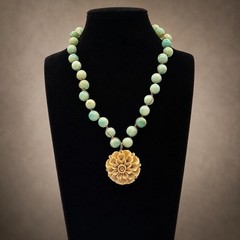 Artisan Aqua Blue Stone Bead Necklace 19” Carved Flower Pendant Boho