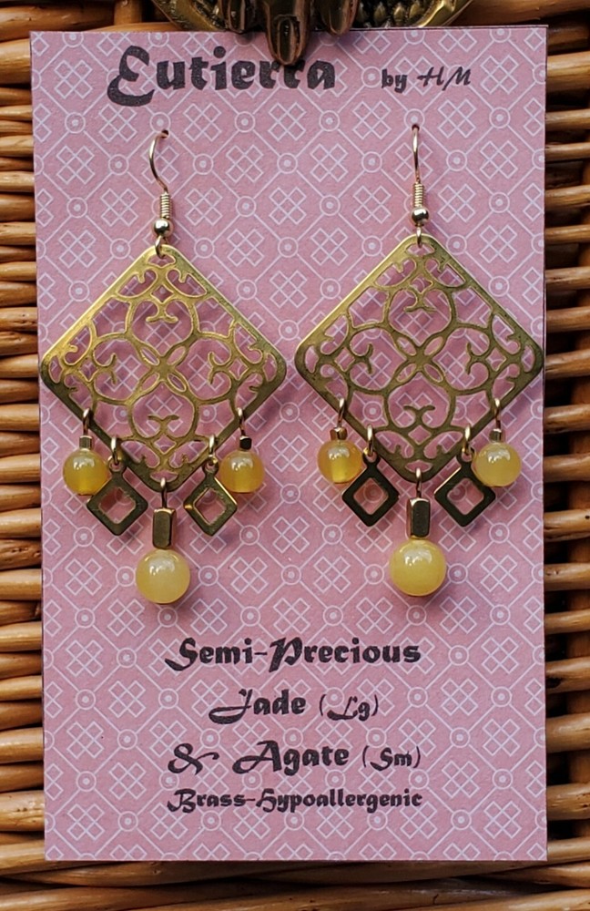 Eutierra Semi-Precious Yellow Jade Earrings Hand Crafted In The USA Brass 2 5/8″