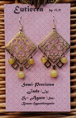 Eutierra Semi-Precious Yellow Jade Earrings Hand Crafted In The USA Brass 2 5/8″